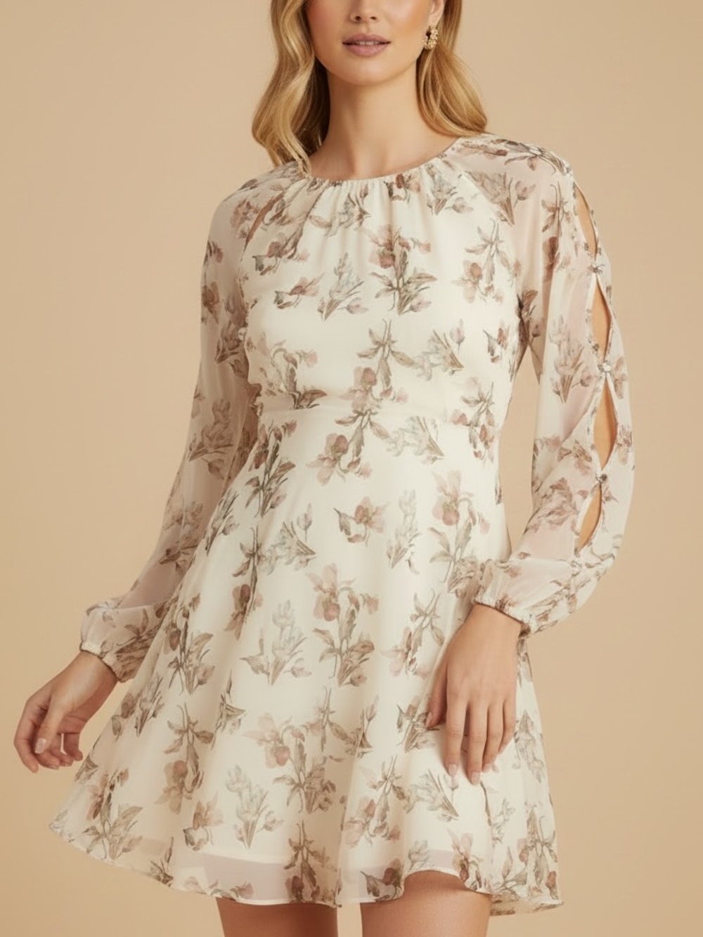 NWT SACHIN + BABI Floral Long Cut-Out Sleeve Tie Back Sash Mini Dress Size 6
